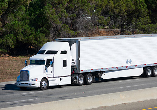 A white semi-truck with a large trailer drives on a highway bordered by trees - www.mysoutherninsurance.com